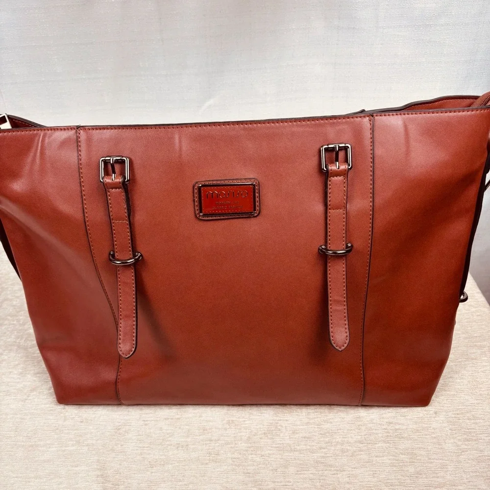 Mosiso Faux Leather Cognac Brown Laptop Bag Large Tote Straps Pockets 18